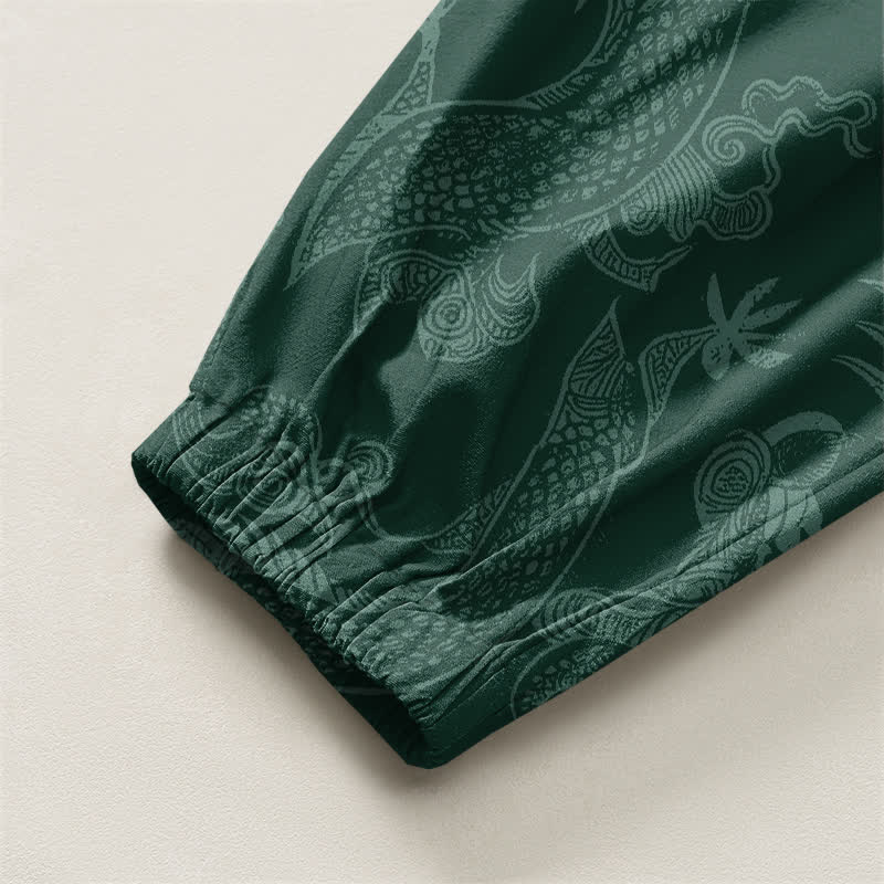Buddha Stones Pantaloni harem da uomo in puro cotone con coulisse e tasche, fantasia Drago Mitico e Nuvole Auspiciose. - image 16