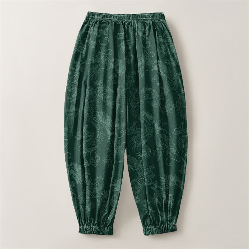 Buddha Stones Pantaloni harem da uomo in puro cotone con coulisse e tasche, fantasia Drago Mitico e Nuvole Auspiciose. - image 14