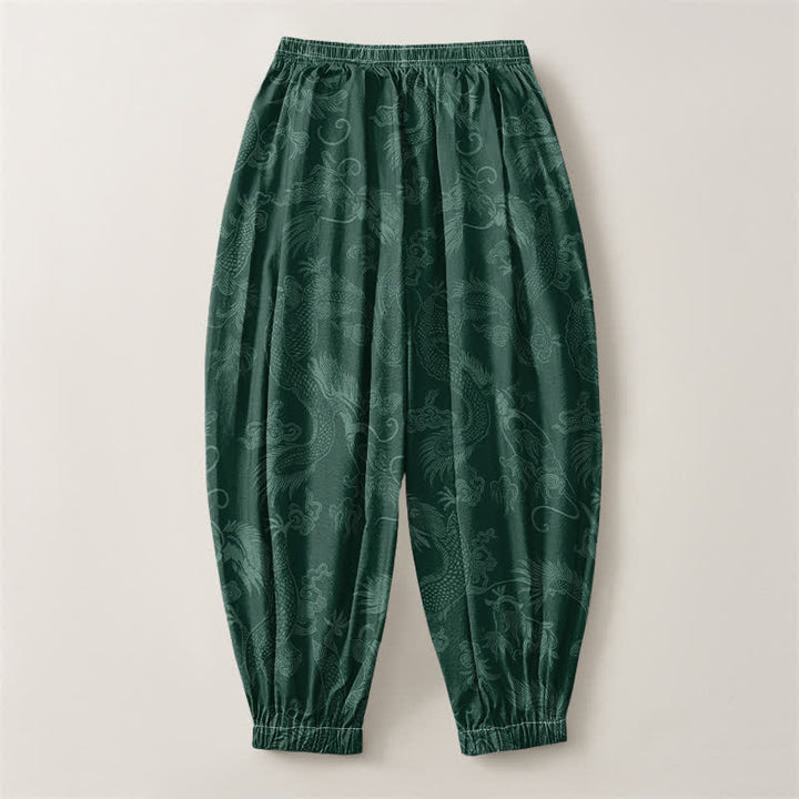 Buddha Stones Pantaloni harem da uomo in puro cotone con coulisse e tasche, fantasia Drago Mitico e Nuvole Auspiciose. - image 14