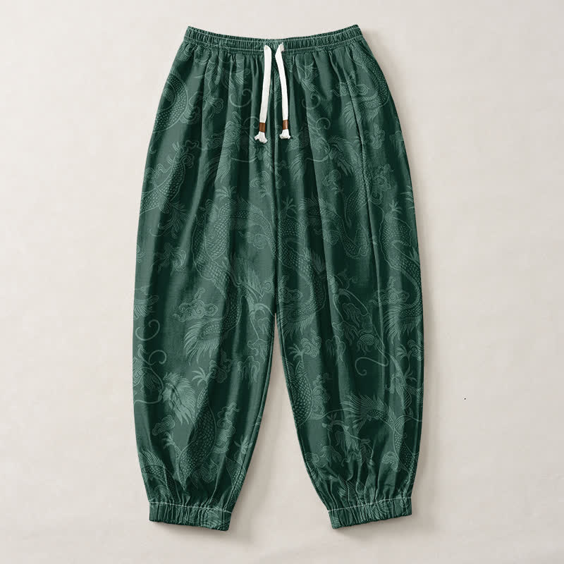 Buddha Stones Pantaloni harem da uomo in puro cotone con coulisse e tasche, fantasia Drago Mitico e Nuvole Auspiciose. - image 13