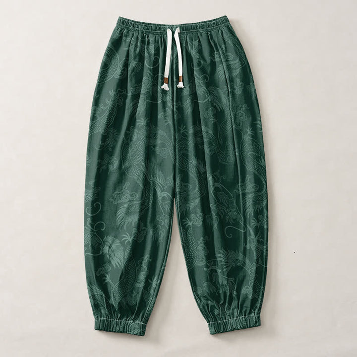 Buddha Stones Pantaloni harem da uomo in puro cotone con coulisse e tasche, fantasia Drago Mitico e Nuvole Auspiciose. - image 13