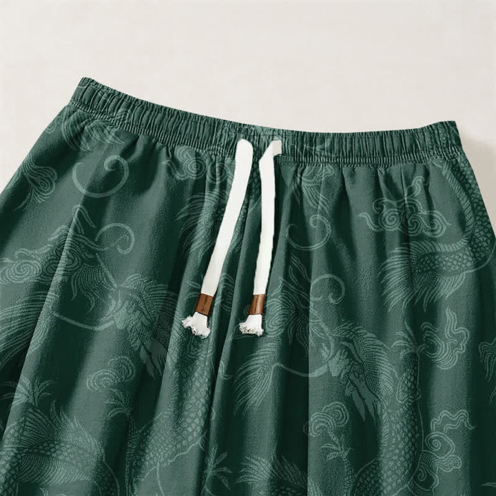 Buddha Stones Pantaloni harem da uomo in puro cotone con coulisse e tasche, fantasia Drago Mitico e Nuvole Auspiciose. - image 15