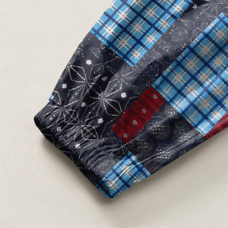 Buddha Stones Pantaloni harem da uomo in puro cotone, stile vintage patchwork a quadri, con coulisse e tasche. - image 16