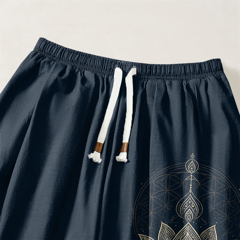 Buddha Stones Pantaloni harem da uomo in puro cotone con coulisse e tasche, motivo geometrico mandala a loto dorato. - image 9