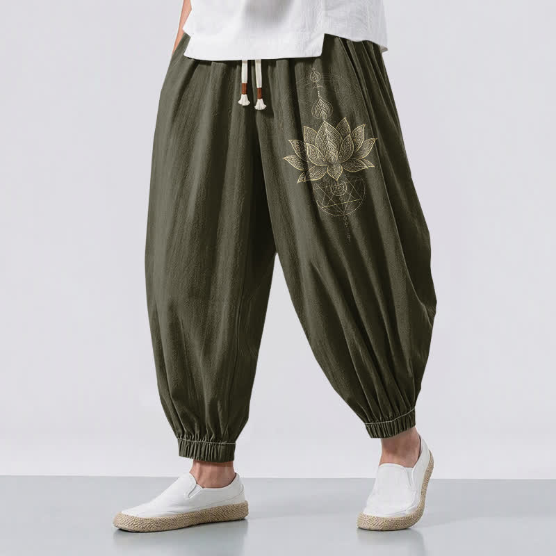 Buddha Stones Pantaloni harem da uomo in puro cotone con coulisse e tasche, motivo geometrico mandala a loto dorato. - Verde oliva scuro - US/UK/AU50, EU60 (5XL) - image 12