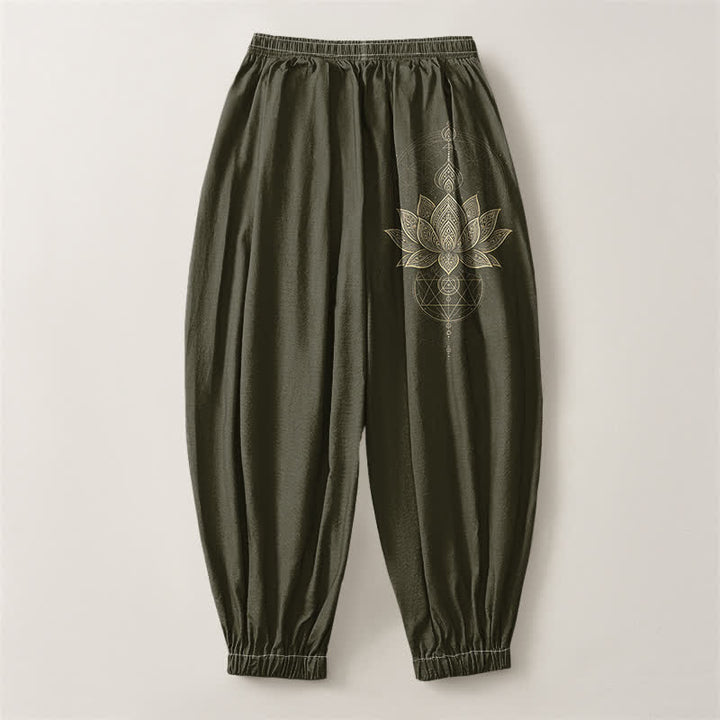 Buddha Stones Pantaloni harem da uomo in puro cotone con coulisse e tasche, motivo geometrico mandala a loto dorato. - image 14