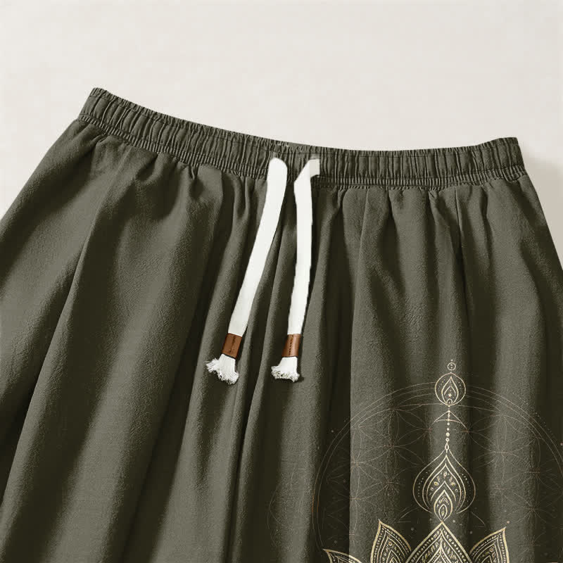 Buddha Stones Pantaloni harem da uomo in puro cotone con coulisse e tasche, motivo geometrico mandala a loto dorato. - image 15