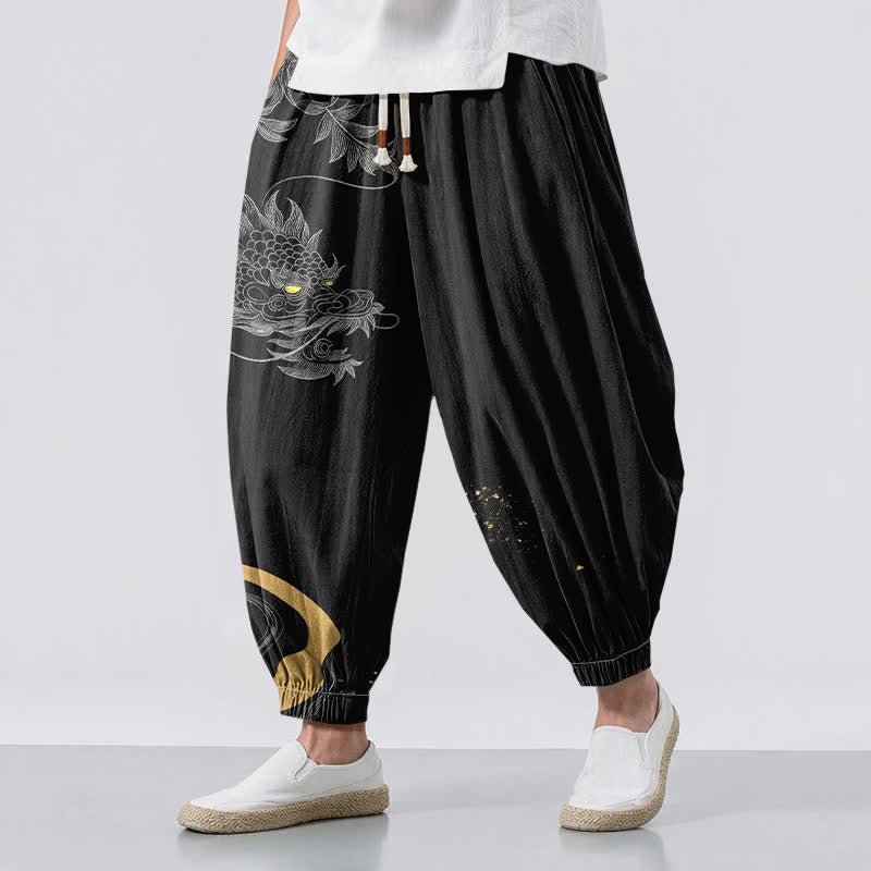 Buddha Stones Pantaloni harem da uomo in puro cotone con motivo drago orientale e coulisse, con tasche. - Nero - US/UK/AU50, EU60 (5XL) - image 0