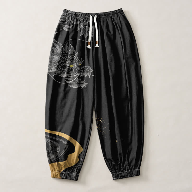Buddha Stones Pantaloni harem da uomo in puro cotone con motivo drago orientale e coulisse, con tasche. - image 1