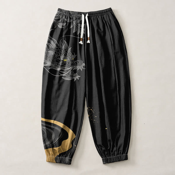 Buddha Stones Pantaloni harem da uomo in puro cotone con motivo drago orientale e coulisse, con tasche. - image 1