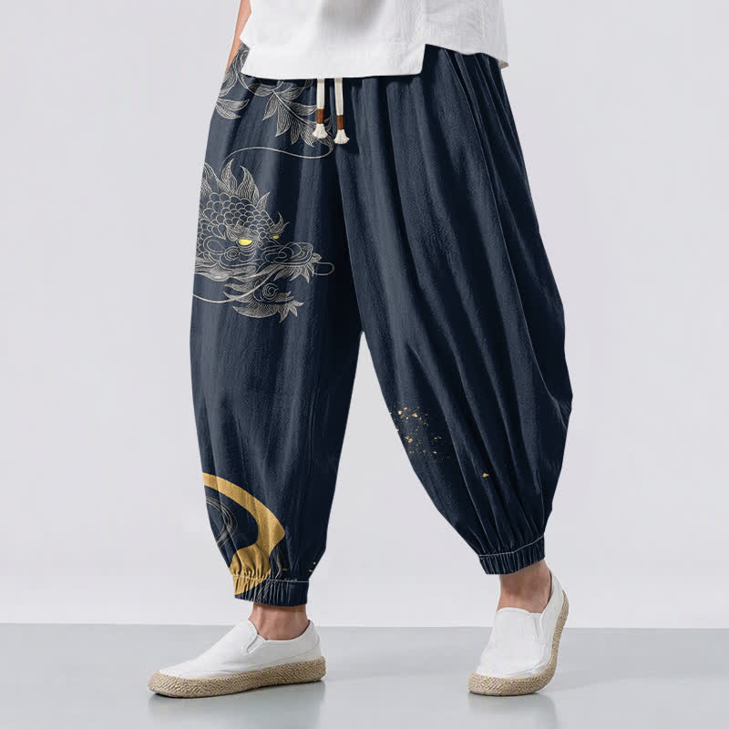 Buddha Stones Pantaloni harem da uomo in puro cotone con motivo drago orientale e coulisse, con tasche. - Marina - US/UK/AU50, EU60 (5XL) - image 6