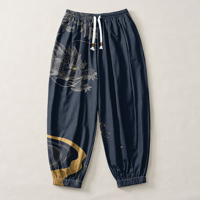 Buddha Stones Pantaloni harem da uomo in puro cotone con motivo drago orientale e coulisse, con tasche. - image 7