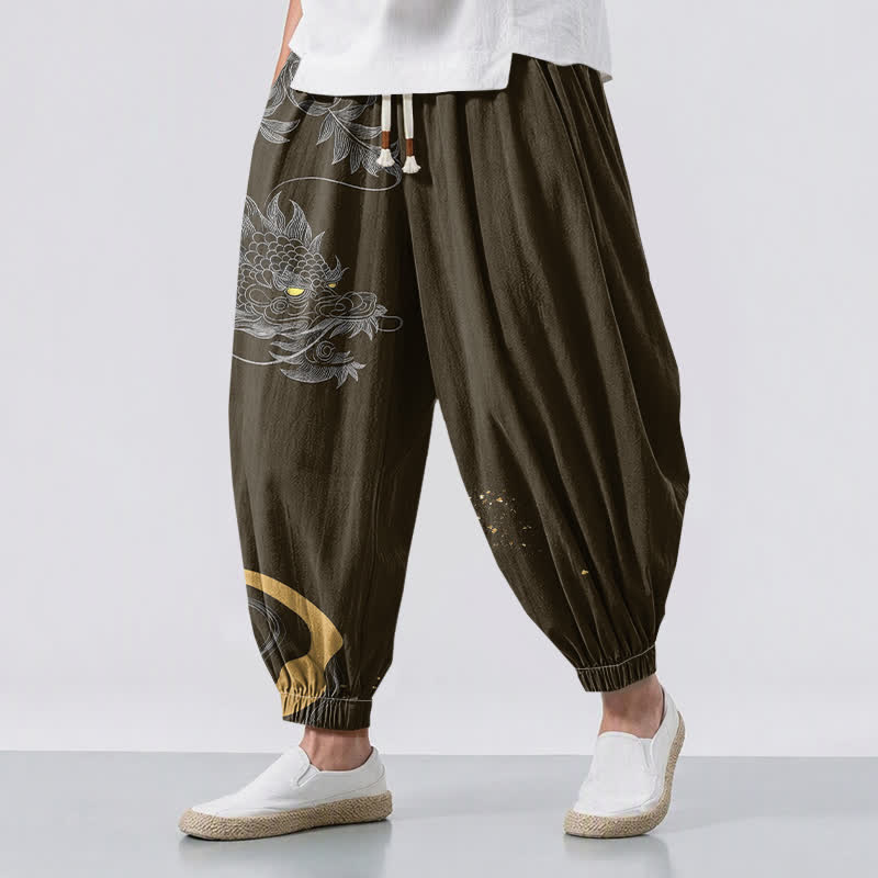 Buddha Stones Pantaloni harem da uomo in puro cotone con motivo drago orientale e coulisse, con tasche. - Oliva - US/UK/AU50, EU60 (5XL) - image 12