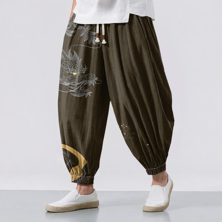 Buddha Stones Pantaloni harem da uomo in puro cotone con motivo drago orientale e coulisse, con tasche. - Oliva - US/UK/AU50, EU60 (5XL) - image 12