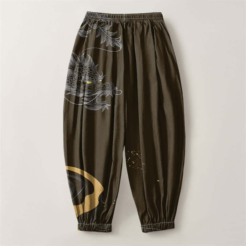 Buddha Stones Pantaloni harem da uomo in puro cotone con motivo drago orientale e coulisse, con tasche. - image 14
