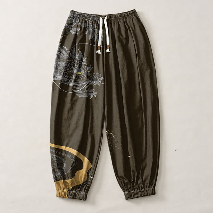 Buddha Stones Pantaloni harem da uomo in puro cotone con motivo drago orientale e coulisse, con tasche. - image 13
