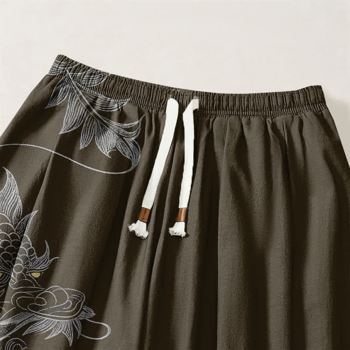 Buddha Stones Pantaloni harem da uomo in puro cotone con motivo drago orientale e coulisse, con tasche. - image 15