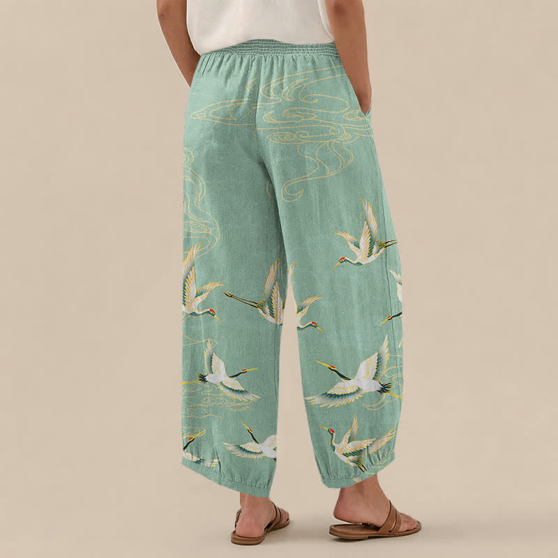 Buddha Stones Pantaloni harem da donna in cotone con motivo a gru e nuvole orientali, plissettati e vita elasticizzata, con tasche. - image 2
