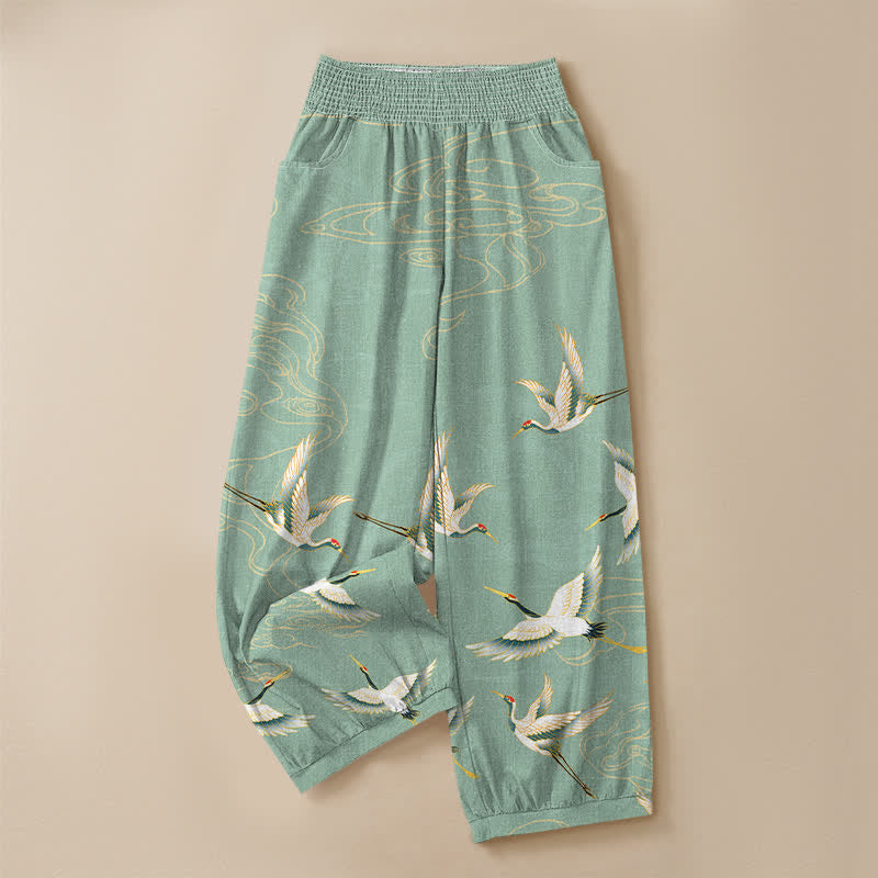 Buddha Stones Pantaloni harem da donna in cotone con motivo a gru e nuvole orientali, plissettati e vita elasticizzata, con tasche. - image 3