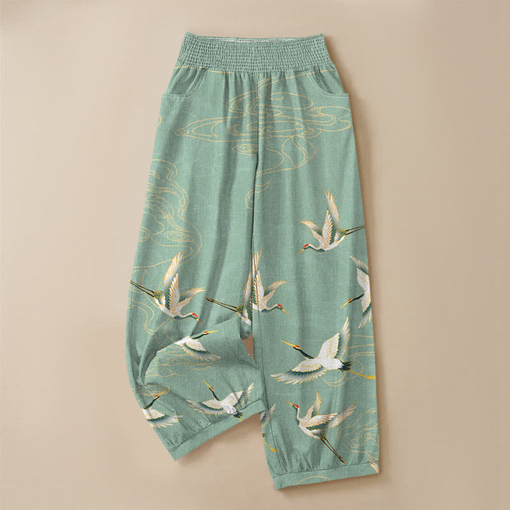 Buddha Stones Pantaloni harem da donna in cotone con motivo a gru e nuvole orientali, plissettati e vita elasticizzata, con tasche. - image 3