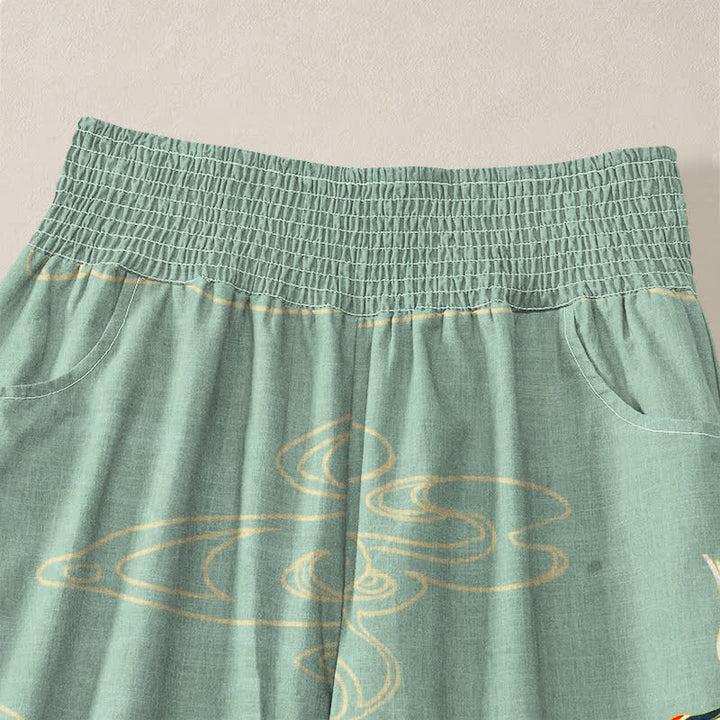 Buddha Stones Pantaloni harem da donna in cotone con motivo a gru e nuvole orientali, plissettati e vita elasticizzata, con tasche. - image 4