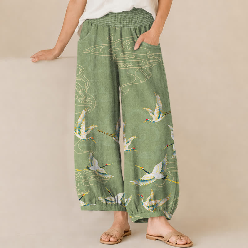 Buddha Stones Pantaloni harem da donna in cotone con motivo a gru e nuvole orientali, plissettati e vita elasticizzata, con tasche. - Verde pallido - US16, UK/AU20, EU48 (3XL) - image 6