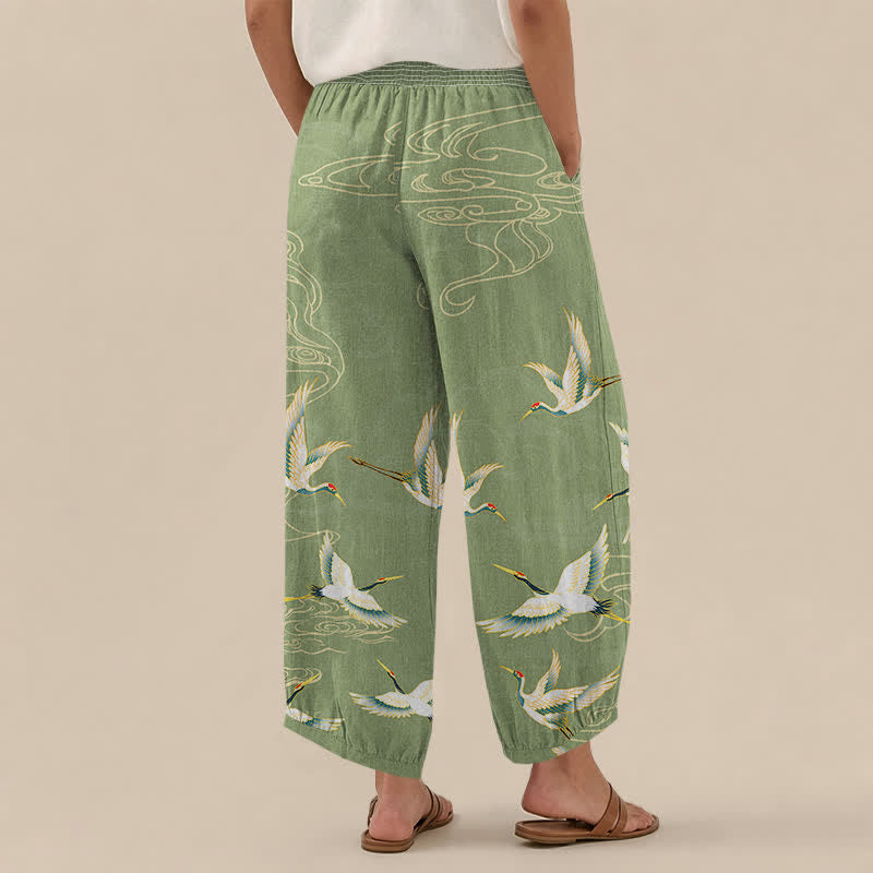 Buddha Stones Pantaloni harem da donna in cotone con motivo a gru e nuvole orientali, plissettati e vita elasticizzata, con tasche. - image 8
