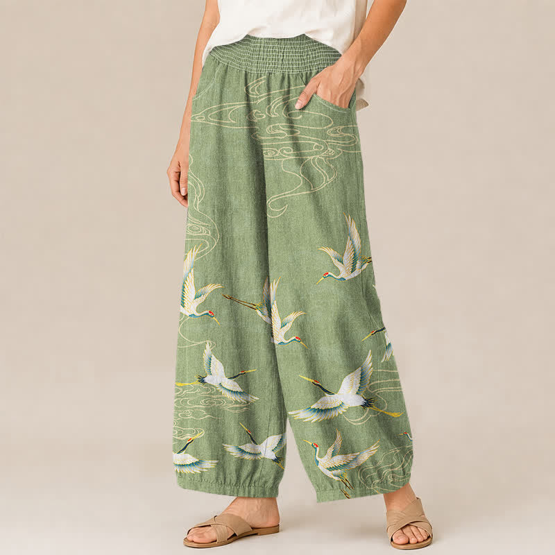 Buddha Stones Pantaloni harem da donna in cotone con motivo a gru e nuvole orientali, plissettati e vita elasticizzata, con tasche. - image 7