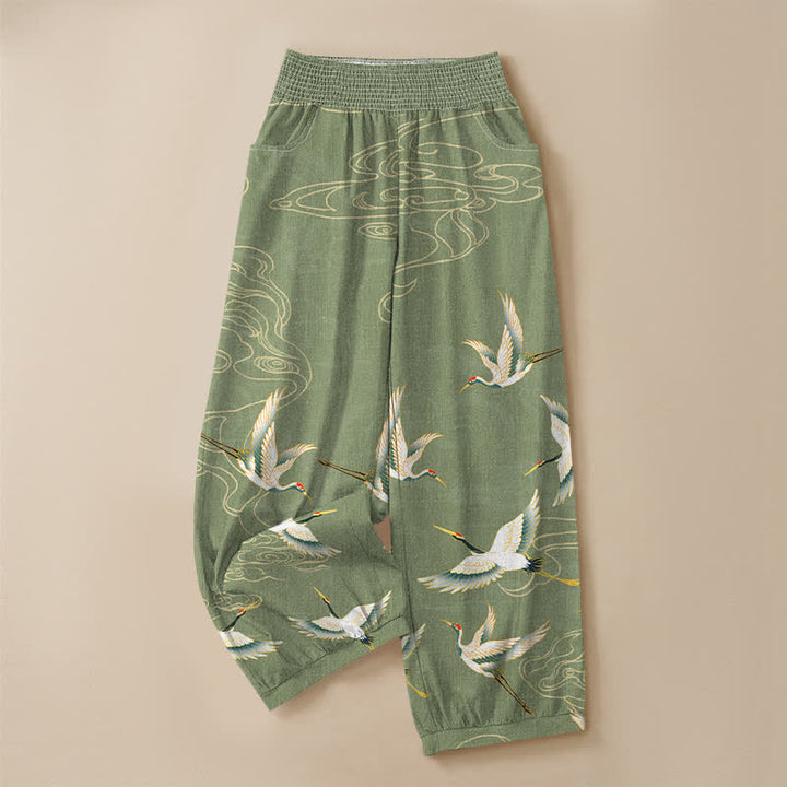 Buddha Stones Pantaloni harem da donna in cotone con motivo a gru e nuvole orientali, plissettati e vita elasticizzata, con tasche. - image 9