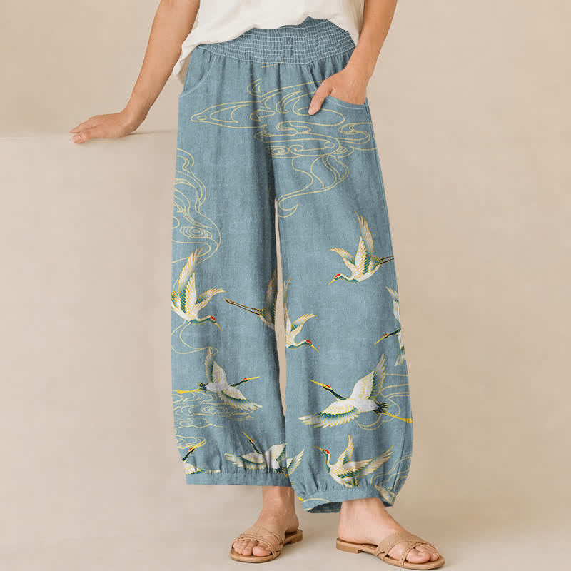 Buddha Stones Pantaloni harem da donna in cotone con motivo a gru e nuvole orientali, plissettati e vita elasticizzata, con tasche. - Azzurro chiaro - US16, UK/AU20, EU48 (3XL) - image 10