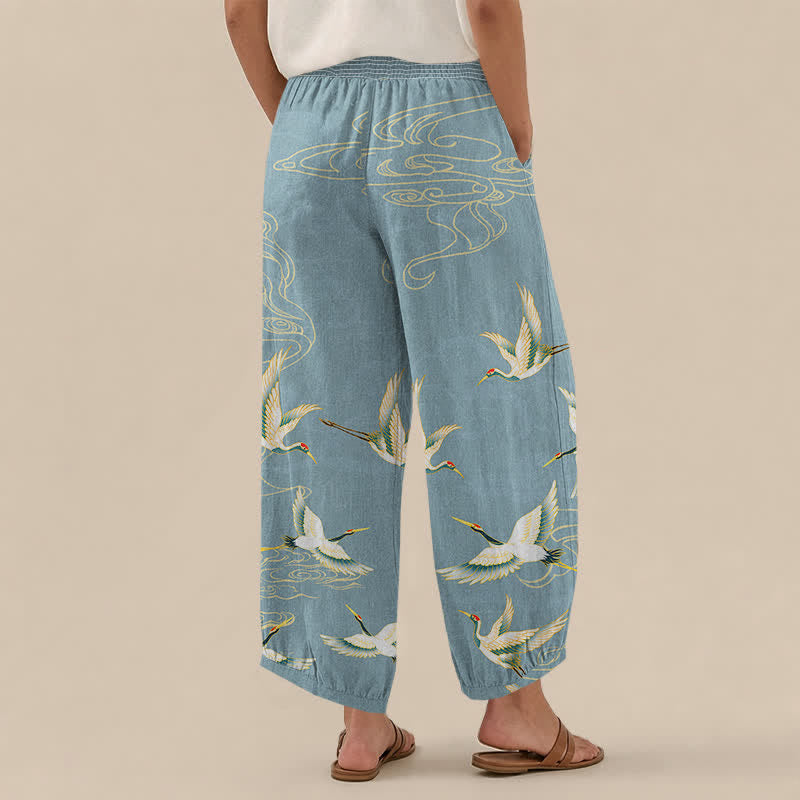 Buddha Stones Pantaloni harem da donna in cotone con motivo a gru e nuvole orientali, plissettati e vita elasticizzata, con tasche. - image 12