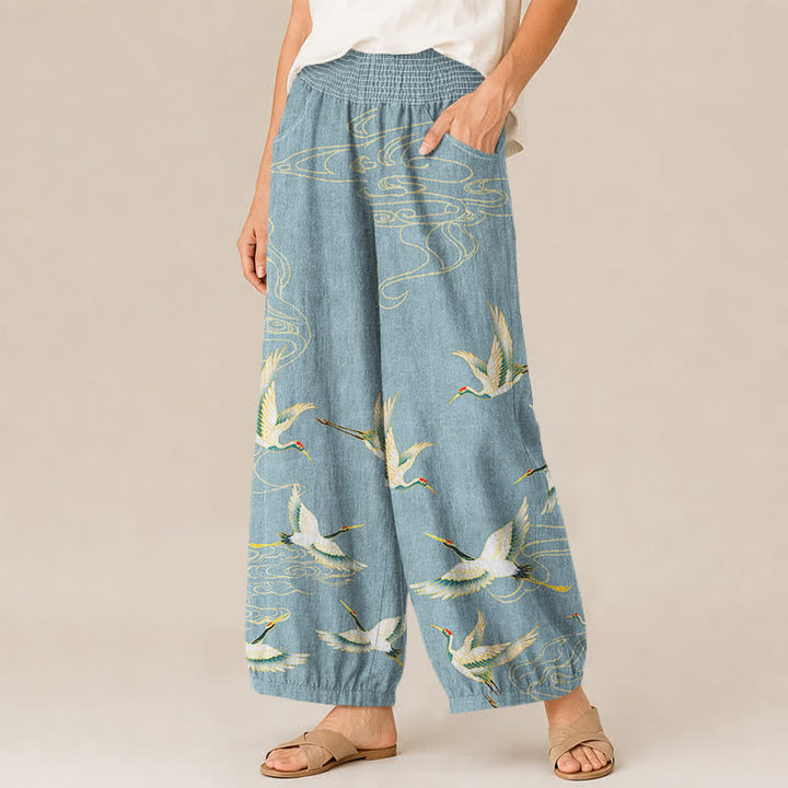 Buddha Stones Pantaloni harem da donna in cotone con motivo a gru e nuvole orientali, plissettati e vita elasticizzata, con tasche. - image 11