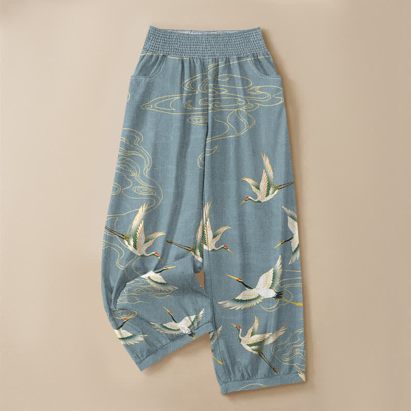 Buddha Stones Pantaloni harem da donna in cotone con motivo a gru e nuvole orientali, plissettati e vita elasticizzata, con tasche. - image 13