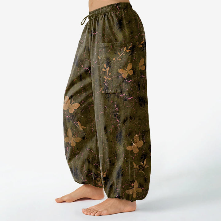 Buddha Stones Pantaloni harem da donna in cotone con elastico in vita e motivo a farfalle botaniche, con tasche laterali. - image 8
