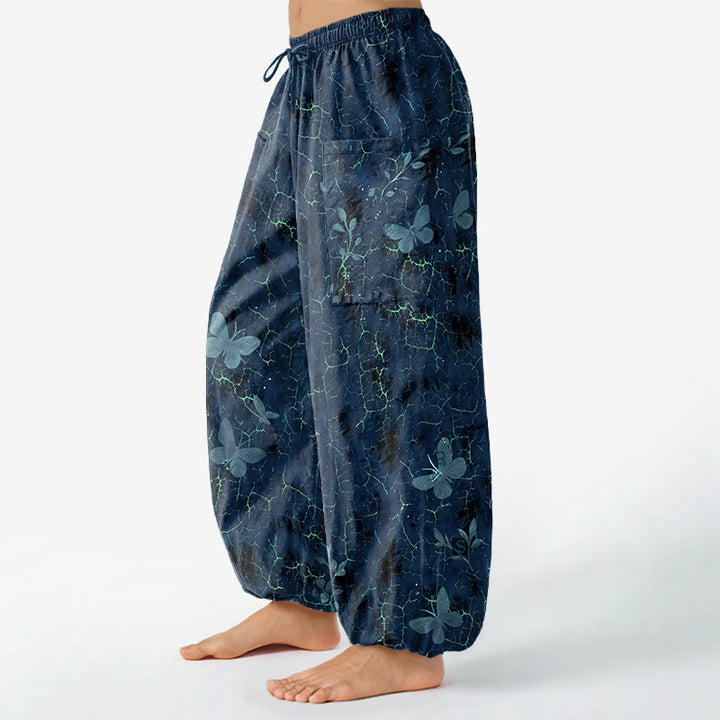 Buddha Stones Pantaloni harem da donna in cotone con elastico in vita e motivo a farfalle botaniche, con tasche laterali. - image 11