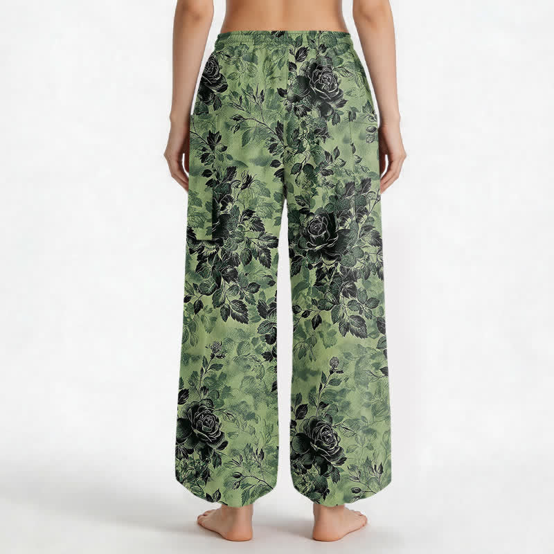 Buddha Stones Pantaloni harem da donna in cotone vintage con fantasia floreale nera, vita elasticizzata e tasche laterali. - image 2