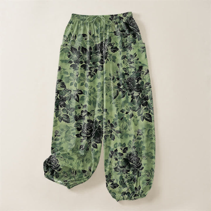 Buddha Stones Pantaloni harem da donna in cotone vintage con fantasia floreale nera, vita elasticizzata e tasche laterali. - image 3