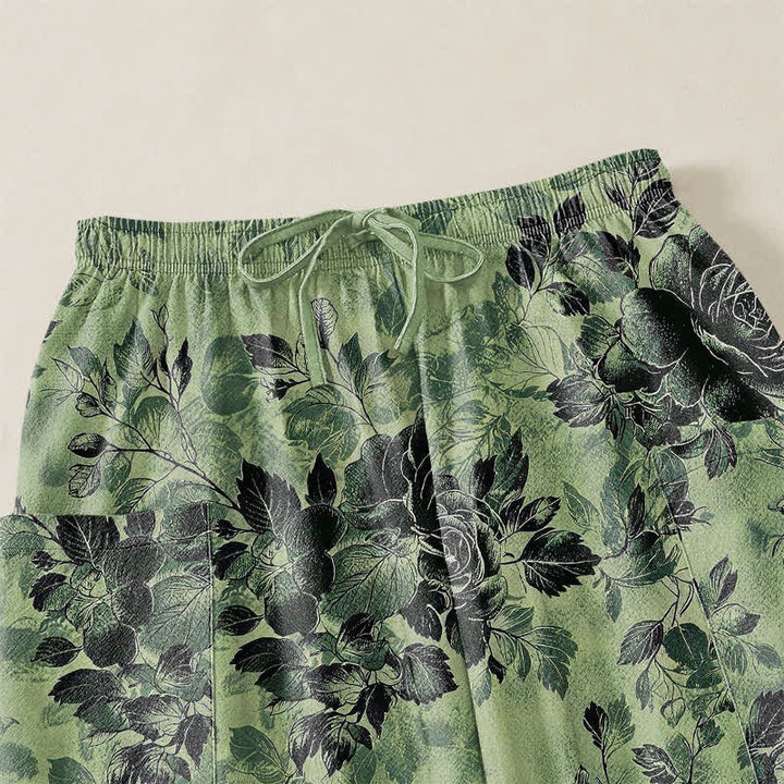Buddha Stones Pantaloni harem da donna in cotone vintage con fantasia floreale nera, vita elasticizzata e tasche laterali. - image 5