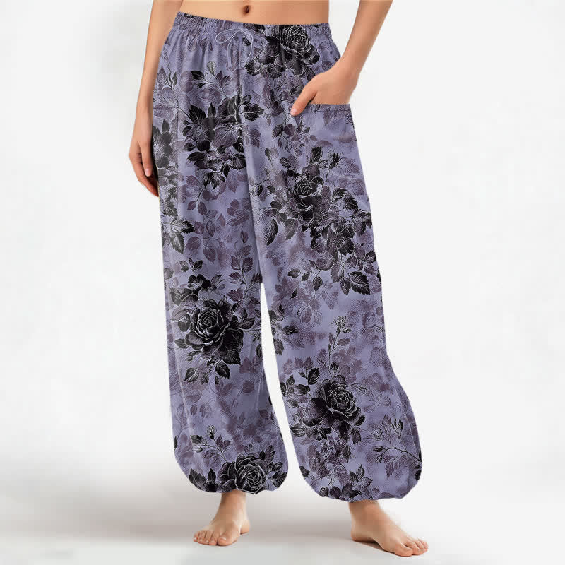 Buddha Stones Pantaloni harem da donna in cotone vintage con fantasia floreale nera, vita elasticizzata e tasche laterali. - Viola medio - US16, UK/AU20, EU48 (3XL) - image 7