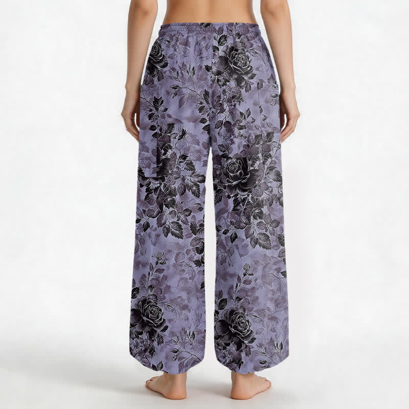 Buddha Stones Pantaloni harem da donna in cotone vintage con fantasia floreale nera, vita elasticizzata e tasche laterali. - image 9