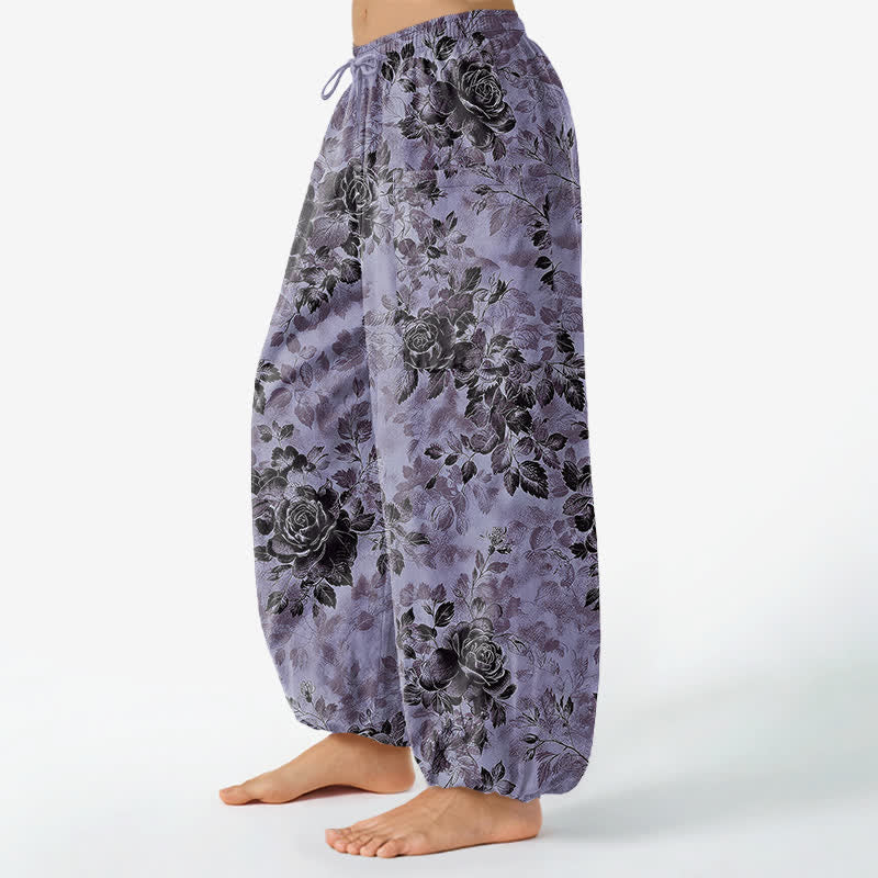 Buddha Stones Pantaloni harem da donna in cotone vintage con fantasia floreale nera, vita elasticizzata e tasche laterali. - image 8