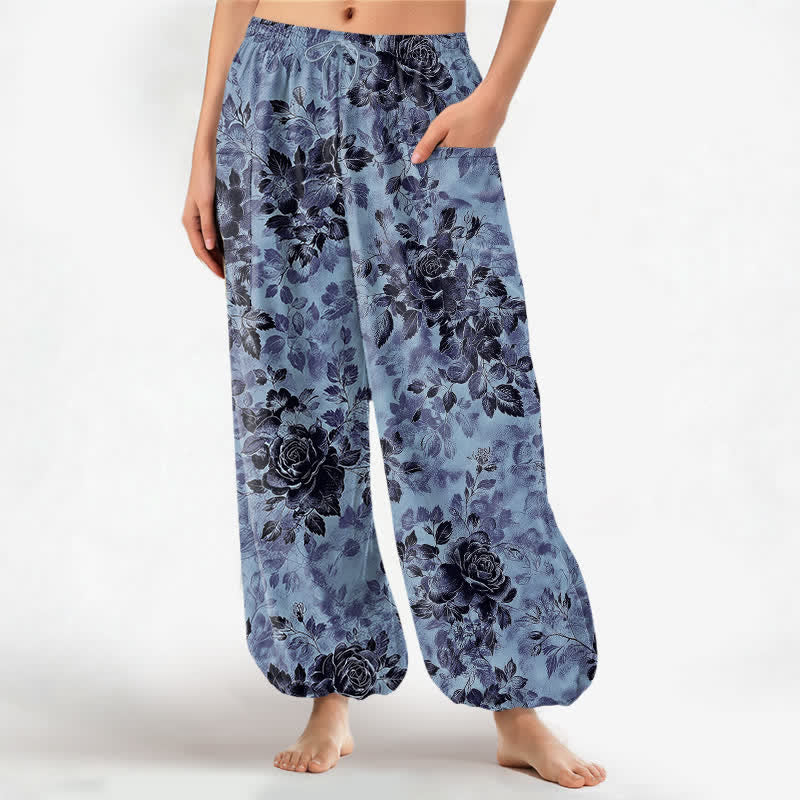 Buddha Stones Pantaloni harem da donna in cotone vintage con fantasia floreale nera, vita elasticizzata e tasche laterali. - Azzurro cielo chiaro - US16, UK/AU20, EU48 (3XL) - image 10