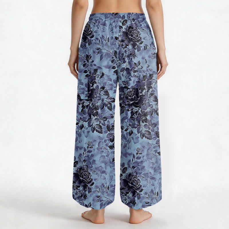 Buddha Stones Pantaloni harem da donna in cotone vintage con fantasia floreale nera, vita elasticizzata e tasche laterali. - image 12