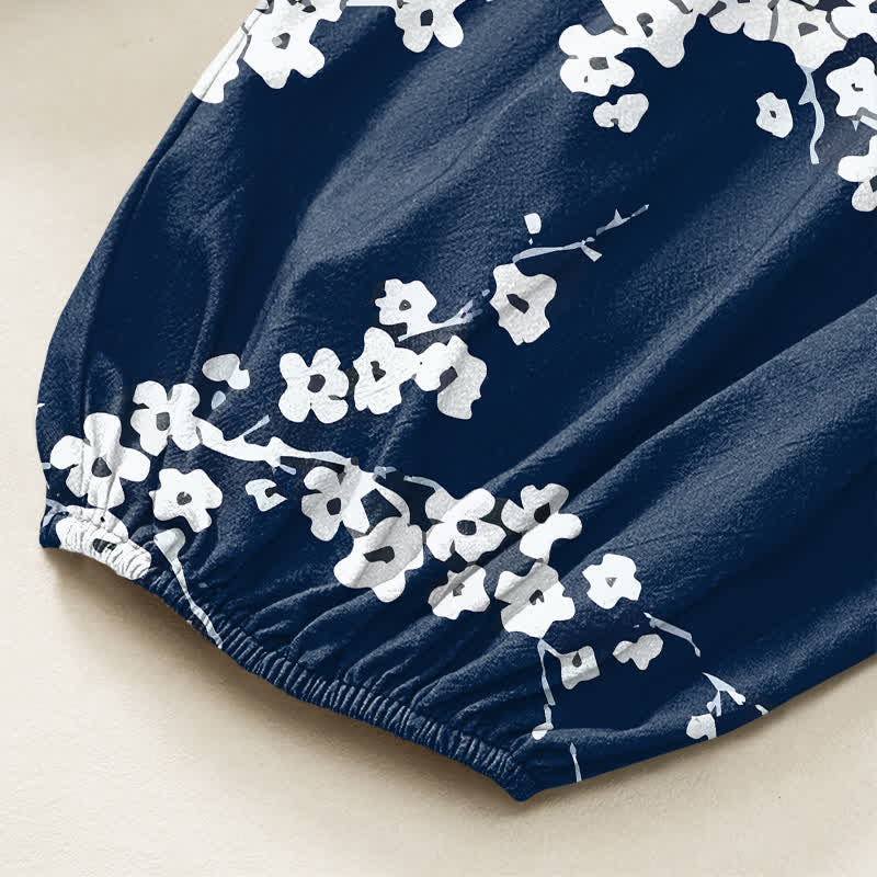 Buddha Stones Pantaloni harem da donna in cotone bianco con motivo a fiori di pruno, vita elasticizzata e tasche laterali. - image 6