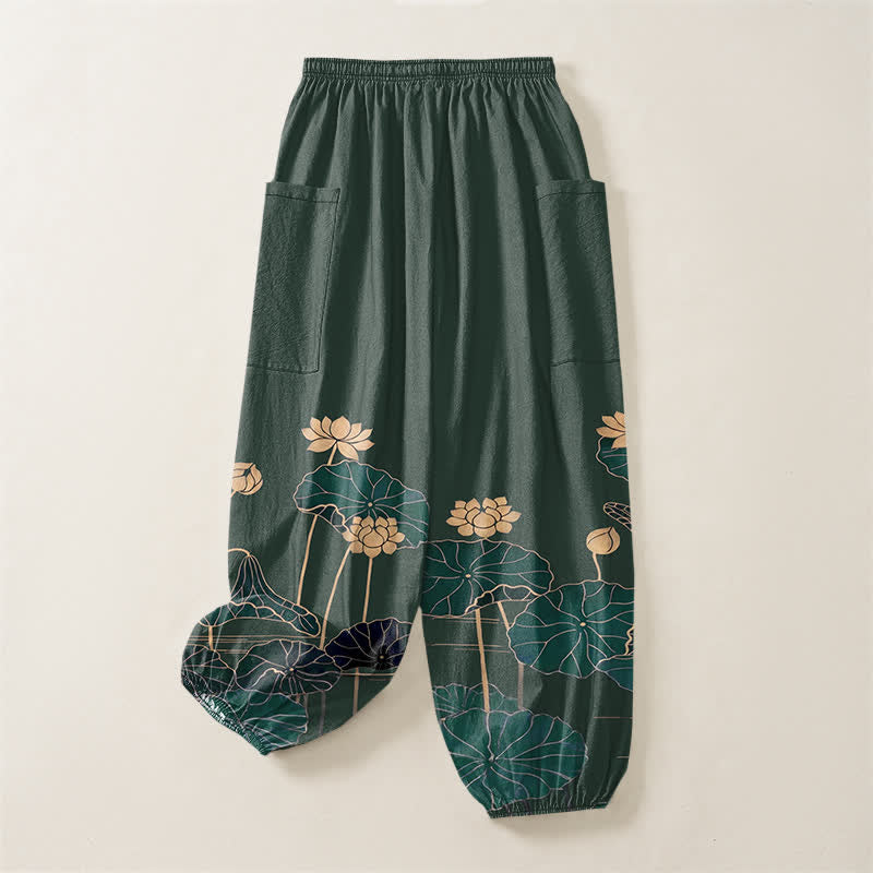 Buddha Stones Pantaloni harem da donna in cotone con motivo giardino di loto zen e vita elasticizzata, con tasche laterali. - image 4