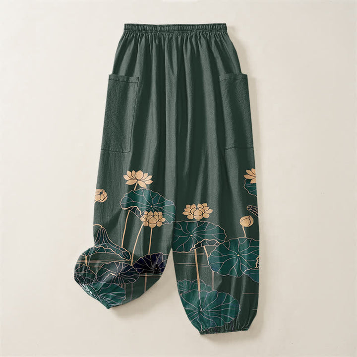 Buddha Stones Pantaloni harem da donna in cotone con motivo giardino di loto zen e vita elasticizzata, con tasche laterali. - image 4