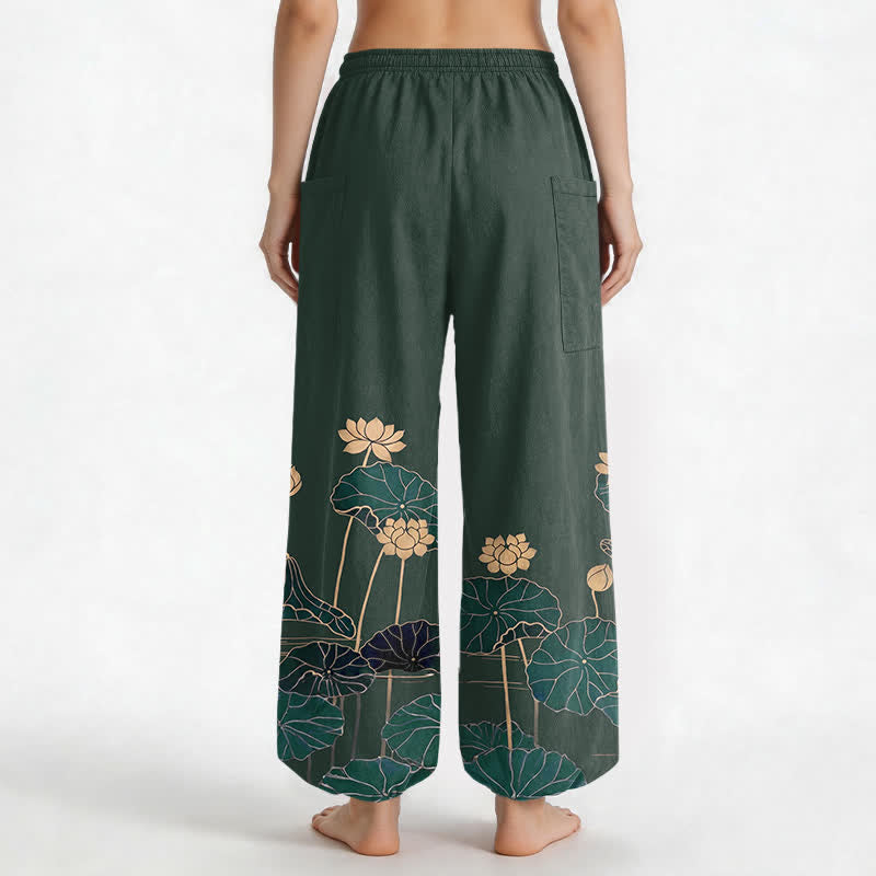 Buddha Stones Pantaloni harem da donna in cotone con motivo giardino di loto zen e vita elasticizzata, con tasche laterali. - image 2