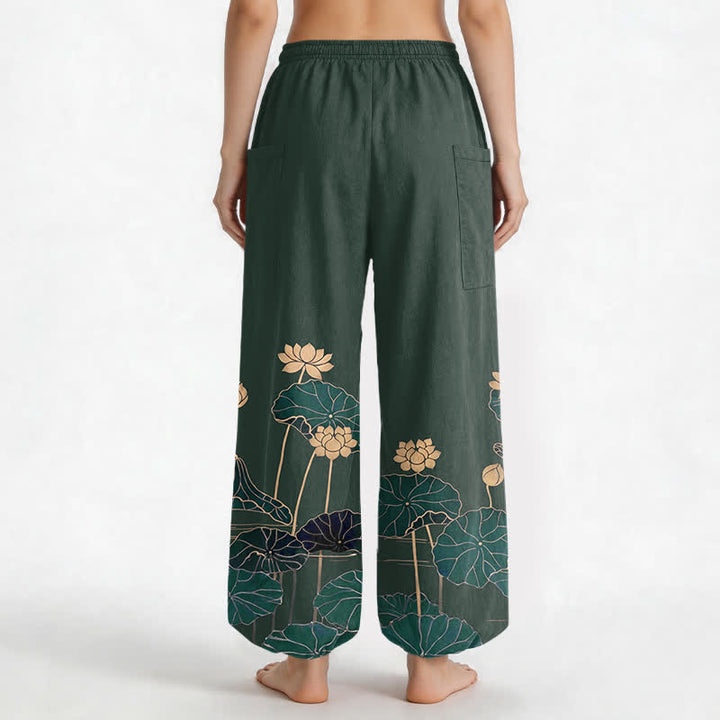 Buddha Stones Pantaloni harem da donna in cotone con motivo giardino di loto zen e vita elasticizzata, con tasche laterali. - image 2