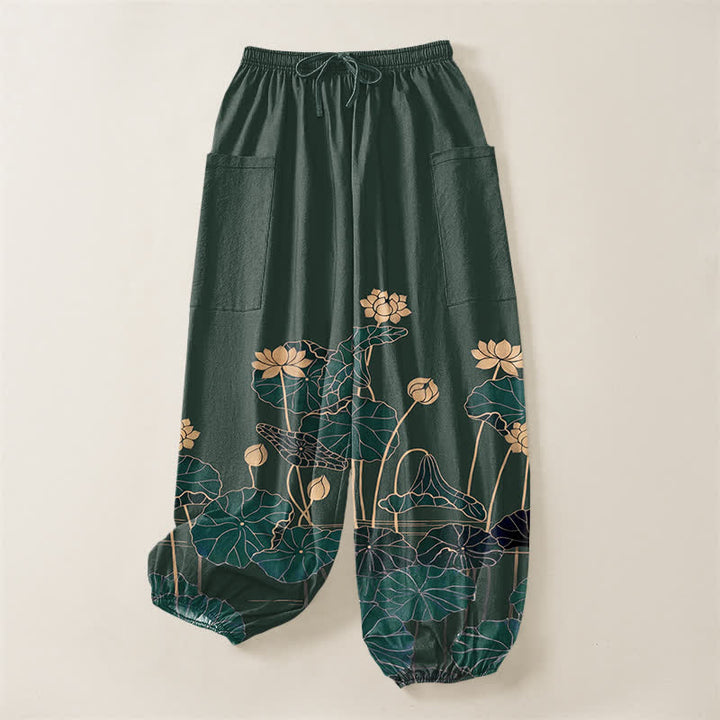 Buddha Stones Pantaloni harem da donna in cotone con motivo giardino di loto zen e vita elasticizzata, con tasche laterali. - image 3