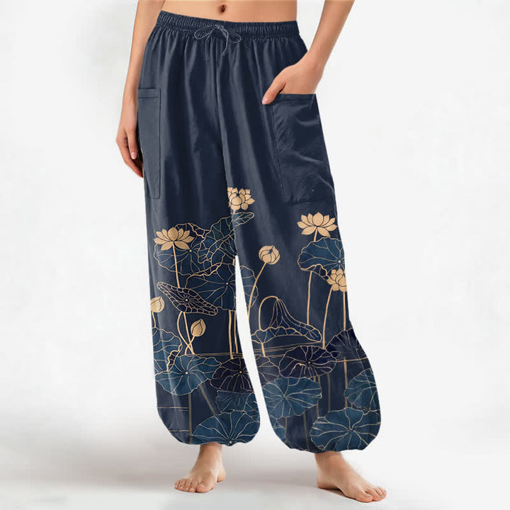 Buddha Stones Pantaloni harem da donna in cotone con motivo giardino di loto zen e vita elasticizzata, con tasche laterali. - Marina - US16, UK/AU20, EU48 (3XL) - image 7
